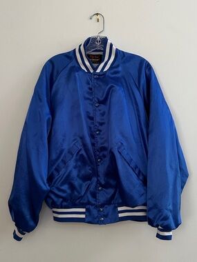 Vintage Unisex Royal Blue Satin Varsity/ Bomber Jacker with Striped Ribbing